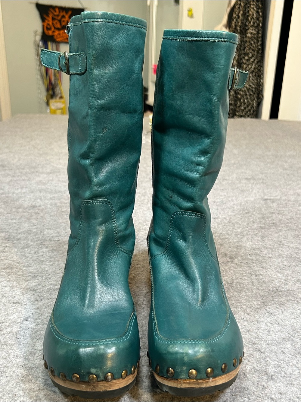 BRONX Wedge buttery teal leather boots studded Round Toe Leather Shoes W 10 eu 4 - Picture 4 of 16